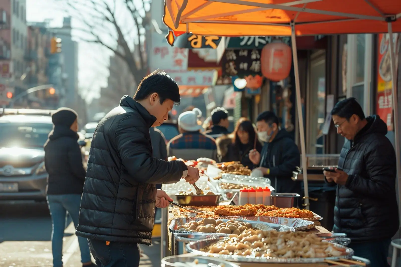 Penjual dan pembeli di kedai street food di kawasan Chinatown